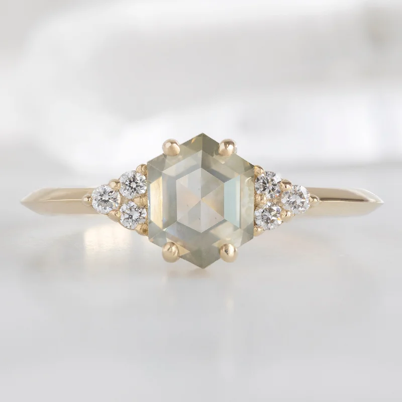 Surf theme engagement rings-The Ivy Ring | 1.18ct Hexagon Green Diamond in 14K Yellow Gold