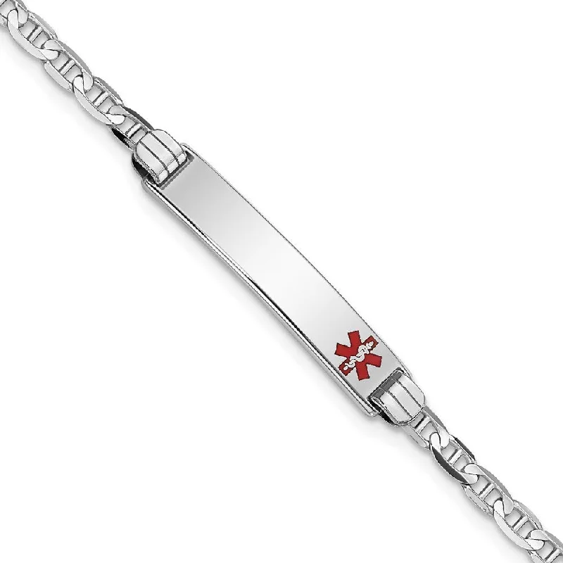 Heavy gem bangles-14k White Gold 5.5mm Medical Red Enamel Anchor Link ID Bracelet, 7"