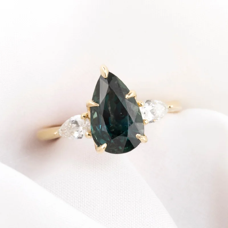 Layered shank engagement rings-Claire Ring 3.07ct Teal Blue Sapphire, 14k Yellow Gold (One of a kind)