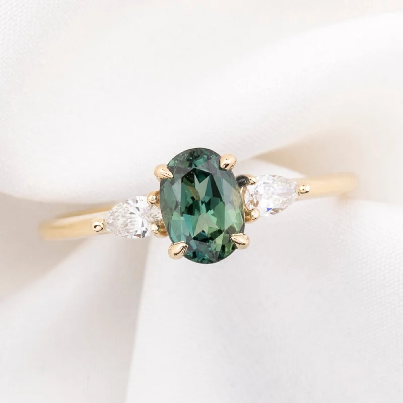 Light wood engagement rings-Olivia Ring 1.32ct Green Queensland Sapphire, 14k Yellow Gold (One of a kind)