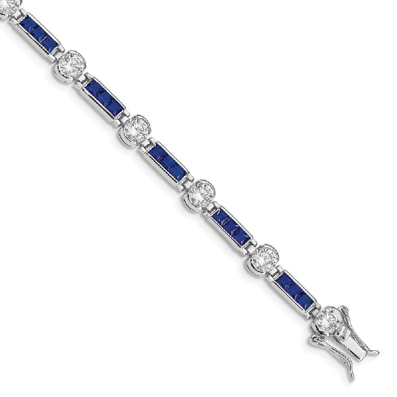 Fox motif bangles-925 Sterling Silver Rhodium-plated Blue Glass and Cubic Zirconia Bracelet, 7.25"