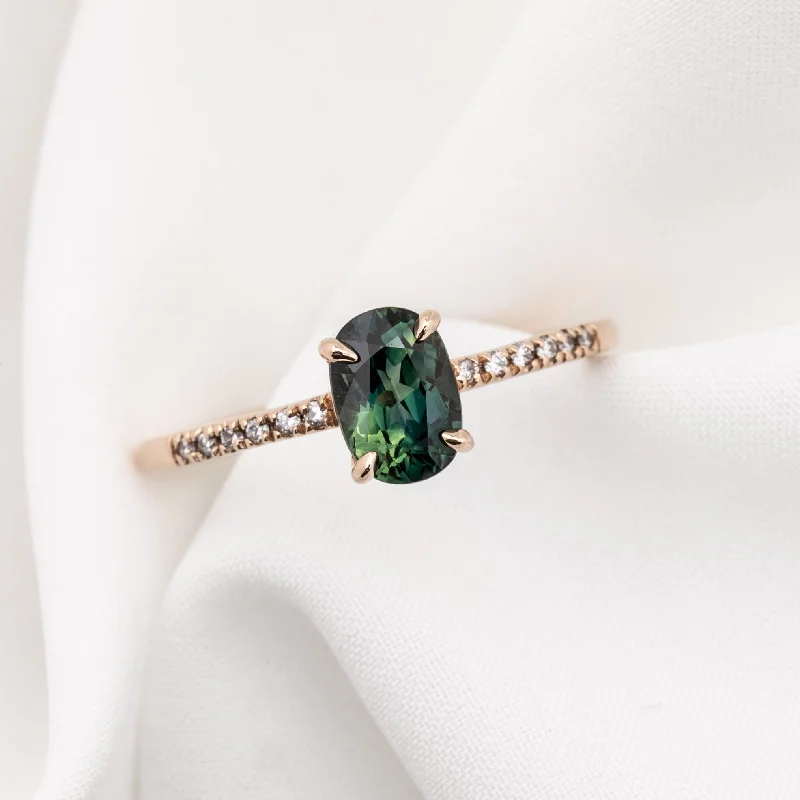 Vintage rose engagement rings-Audrey Ring 1.1ct Deep Blue Green Queensland Sapphire, 14k Rose Gold (One of a kind)