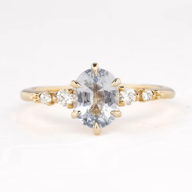 Organic form engagement rings-Estel Fleur Six Prongs Ring 1.62ct Light Blue Oval Unheated Sapphire, 14K Yellow Gold (One of a kind)