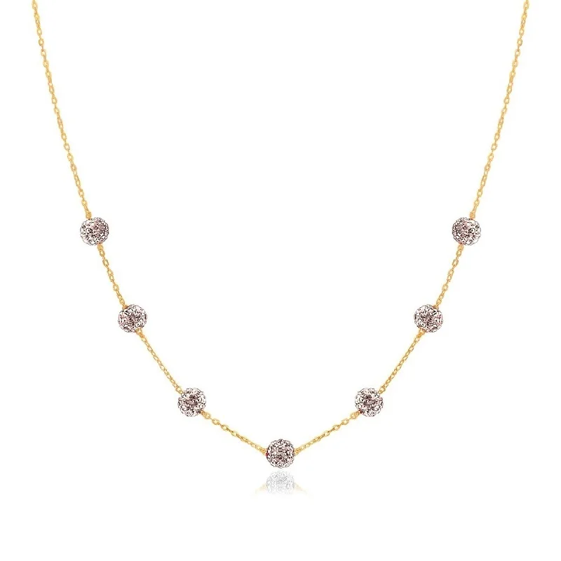 Raised bar necklaces-14k Yellow Gold Necklace with Crystal Embellished Sphere Stations