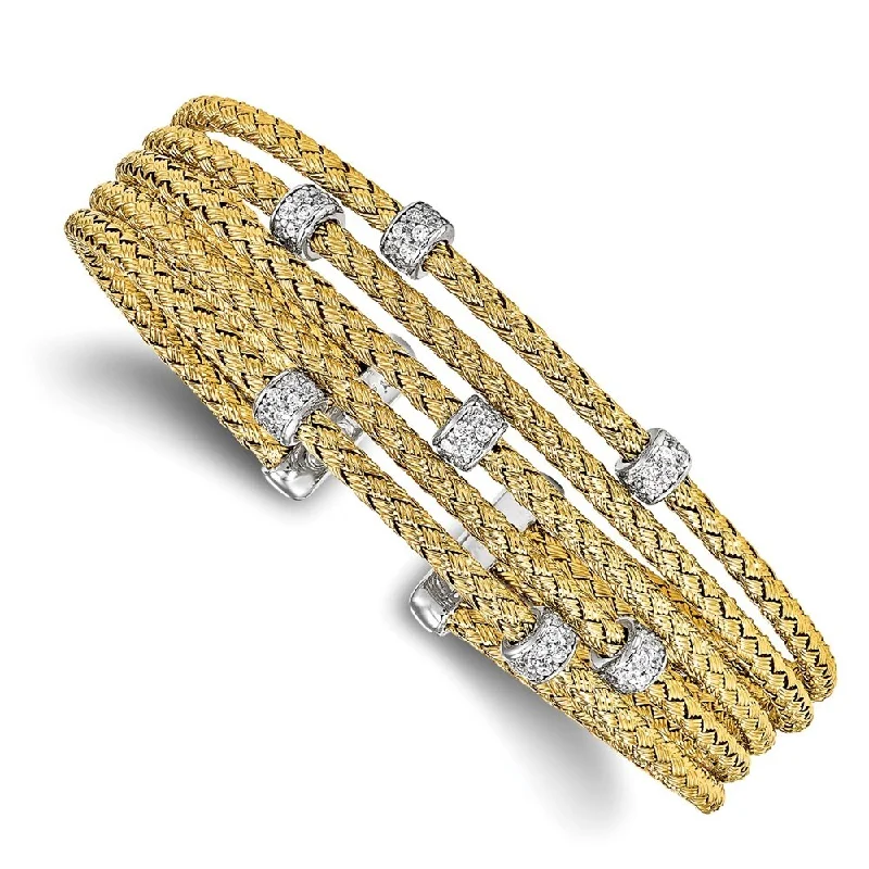 Oval shape bangles-925 Sterling Silver Gold-tone Cubic Zirconia Woven Flexible Cuff Bracelet