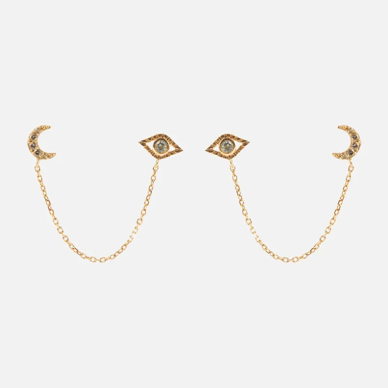 Bold cuff earrings-Solid Gold Evil Eye and Crescent Moon Double Piercing Studs