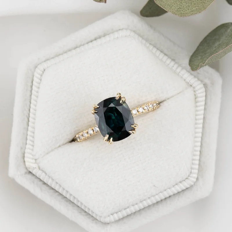 Square gem engagement rings-Sabrina Grand Ring 3.39ct Deep Teal Blue Queensland Sapphire, 14K Yellow Gold (One of a kind)