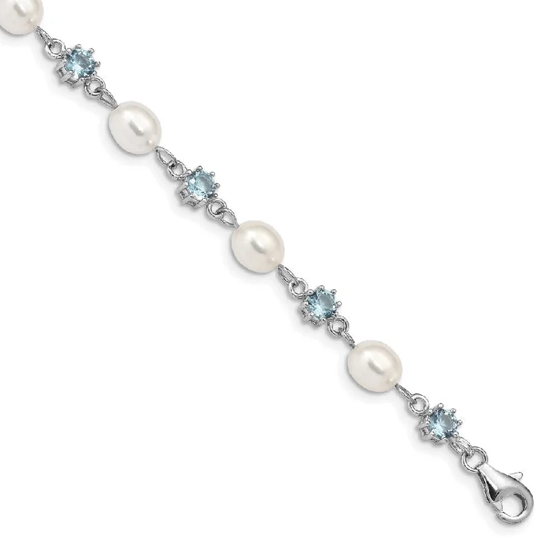 Dusk gothic bangles-925 Sterling Silver Rhodium Blue Cubic Zirconia FW Cultured Pearl Bracelet, 7"