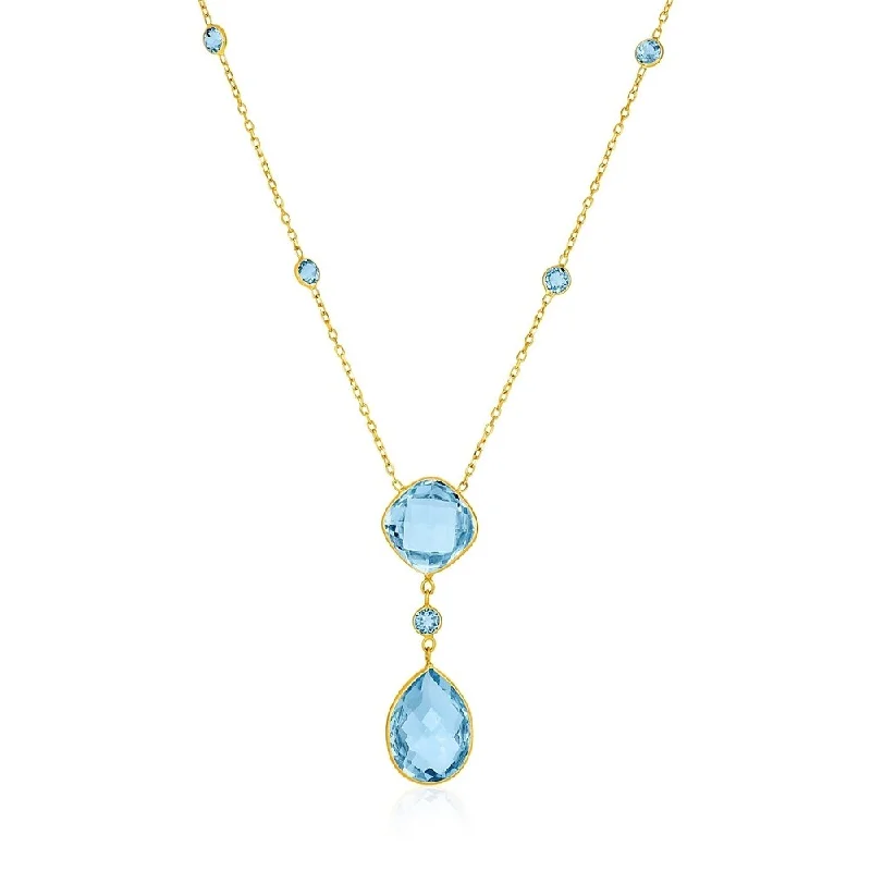 Alloy metal necklaces-14k Yellow Gold Necklace with Pear-Shaped and Cushion Blue Topaz Briolettes