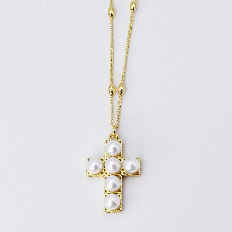 Stellar star necklaces-Pearl Cross Necklace F12