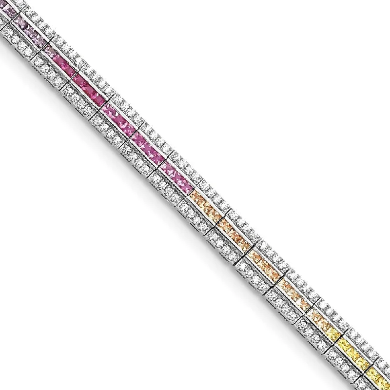 Silk tassel bangles-925 Sterling Silver Rhodium-plated Channel-Set Colorful & Clear Cubic Zirconia Bracelet, 7.25"