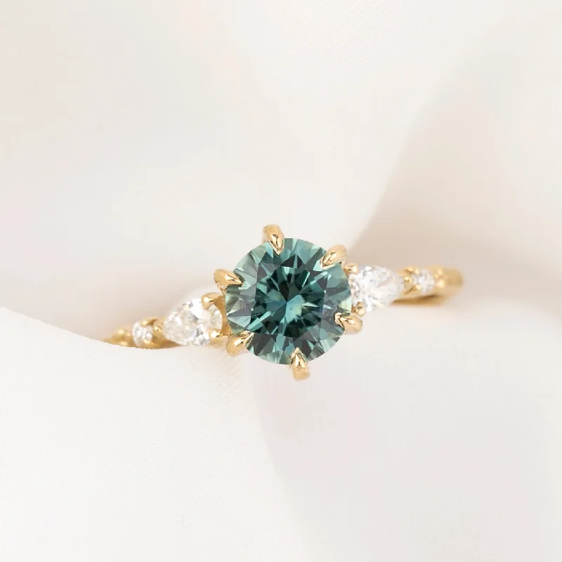 Retro style engagement rings-Estel Fleur Petal Ring 1.38ct Aqua Blue Green Montana Sapphire, 14k Yellow Gold (One of a kind)