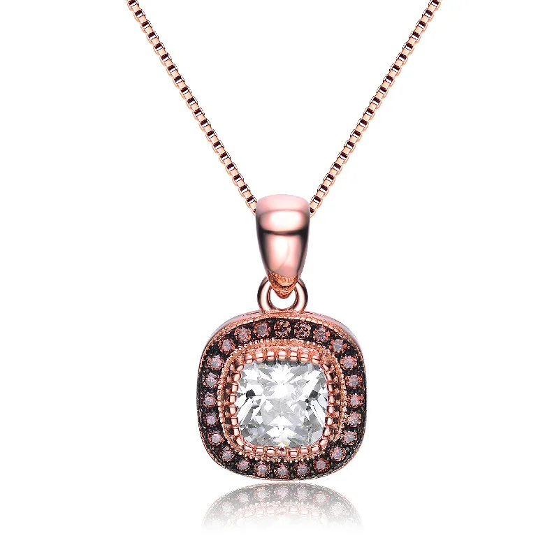 Shiny name necklaces-Sterling Silver 18k Rose Gold Plated with Clear Cubic Zirconia Antique Square Pendant Necklace