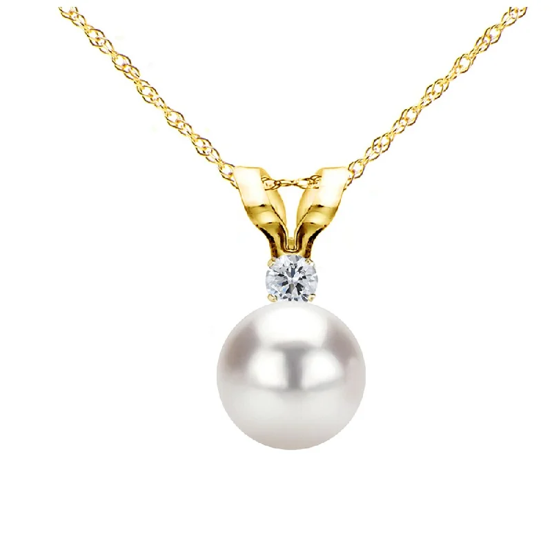 Round stone necklaces-DaVonna 14k Gold 6-6.5mm Japanese Akoya Cultured Pearl .01 CTTW Diamond Chain Pendant Necklace 18 inch