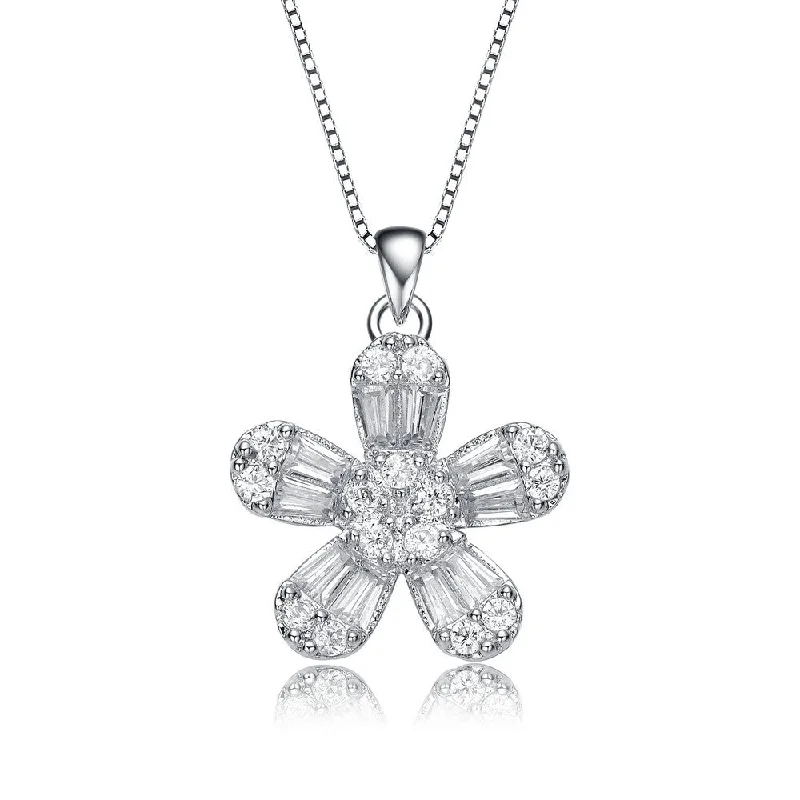 Leaf motif necklaces-.925 Sterling Silver With Rhodium Plated Baguette Cubic Zirconia Flower Style Pendant Necklace