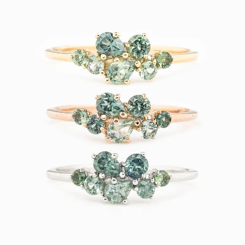 Organic form engagement rings-Seven Stones Green Sapphire Stardust Cluster Ring, 14k Gold