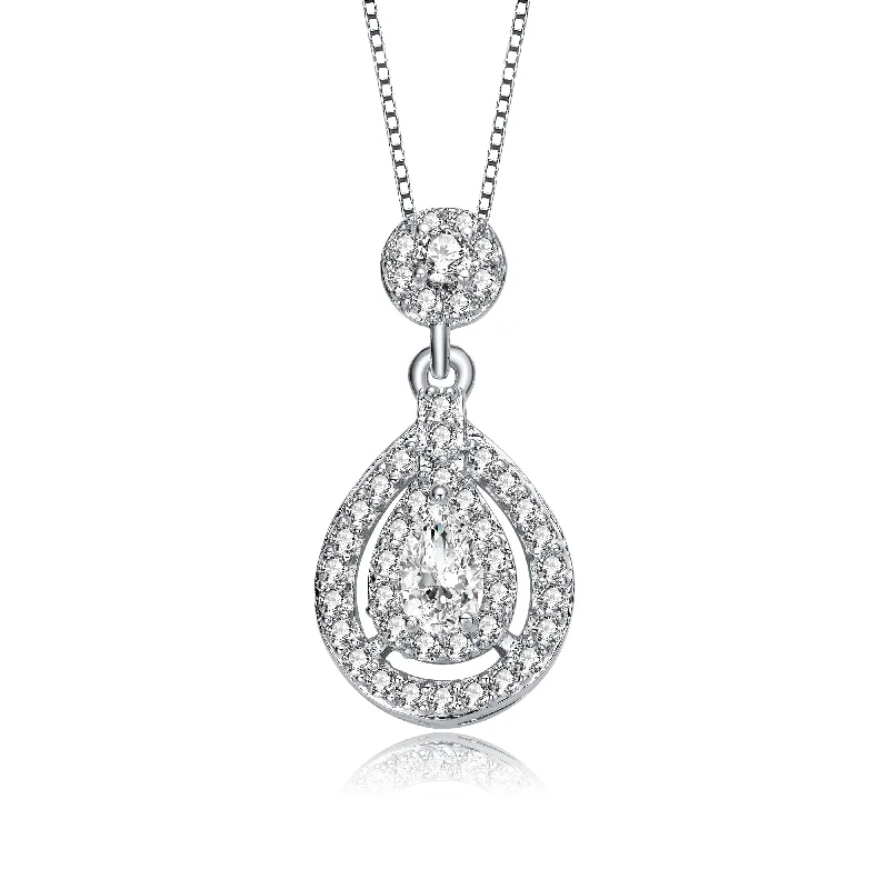 Sleek bar necklaces-.925 Sterling Silver With Rhodium Plated Pear And Round Cz Accent Drop Pendant Necklace