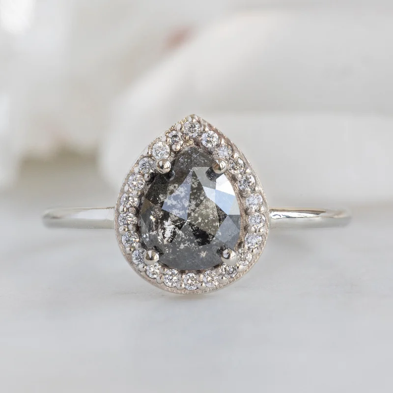 Rose gold engagement rings-The Dahlia Ring | 1.61ct Pear Black Diamond in 14K White Gold