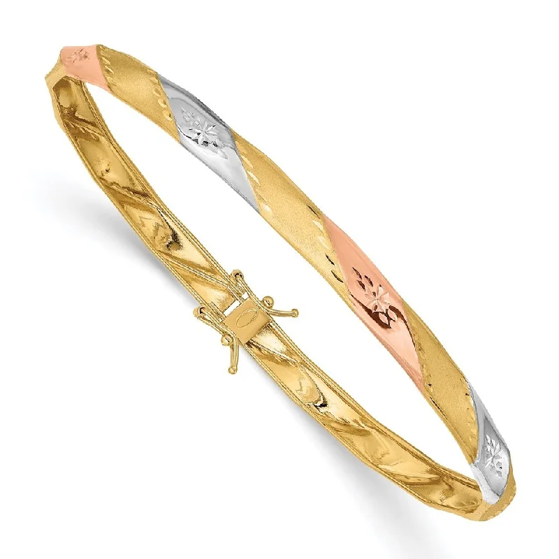 Tide pattern bangles-14k Yellow Gold w/White and Rose Rhodium 4.75mm Satin Diamond-Cut Flex Bangle Bracelet