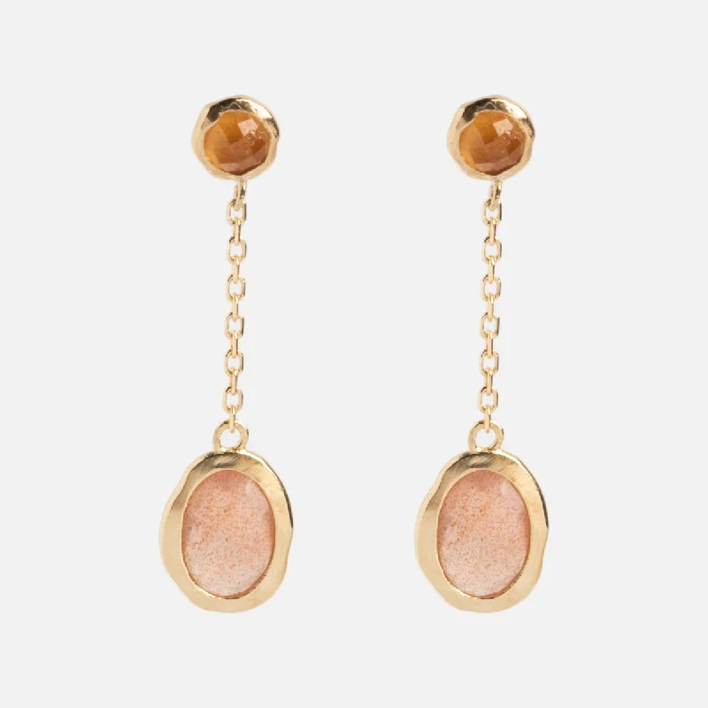 Onyx drop earrings-Solid Gold Orange Garnet and Sunstone Dusk Drop Earrings