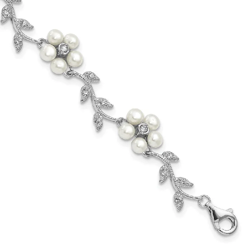 Textured metal bangles-925 Sterling Silver Rhodium FW Cultured Pearl and Cubic Zirconia Floral Bracelet, 7"