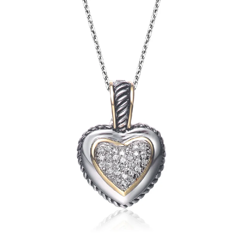 Polished bead necklaces-Sterling Silver Two Tone with Clear Cubic Zirconia Pave Heart Necklace