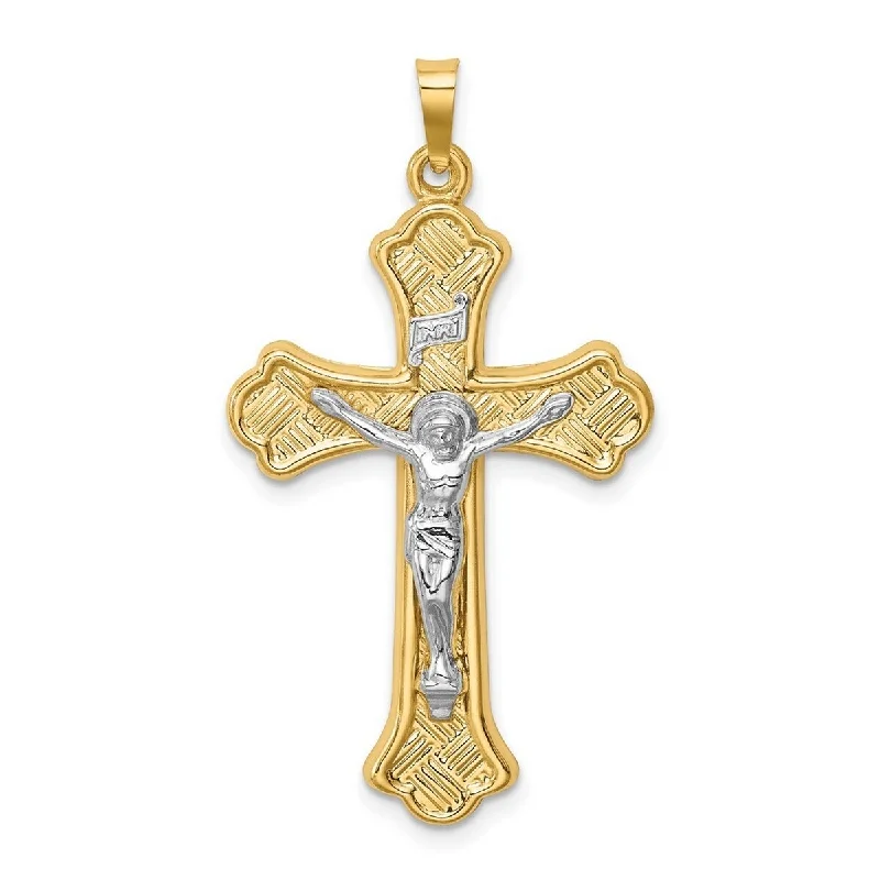 Linen cord necklaces-Curata 14k Two tone Gold Hollow Polished Woven Fleur De Lis Crucifix Cross Necklace