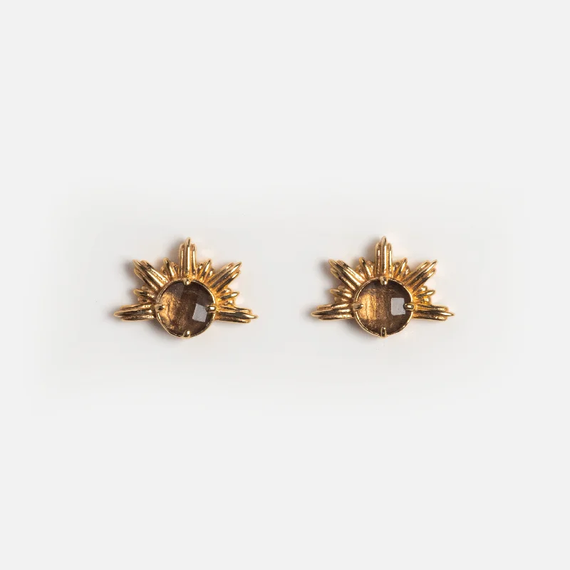 Cotton cord earrings-Solid Gold Smoky Quartz Sunburst Studs