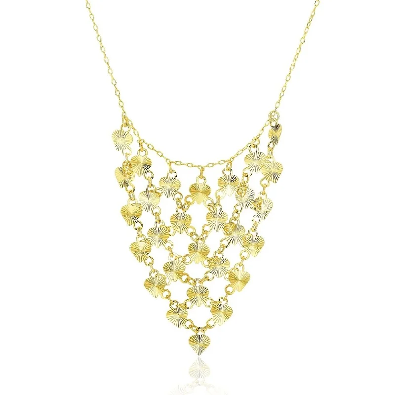 Polished disc necklaces-14k Yellow Gold Bib Style Textured Hearts Necklace