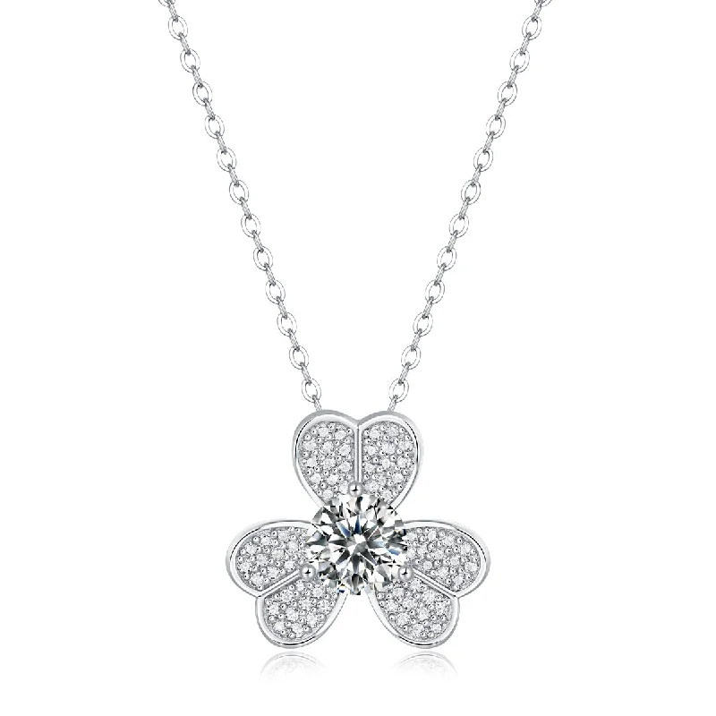 Loop knot necklaces-Sterling Silver with 1ctw Lab Created Moissanite French Pave Blooming Flower Solitaire Pendant Necklace