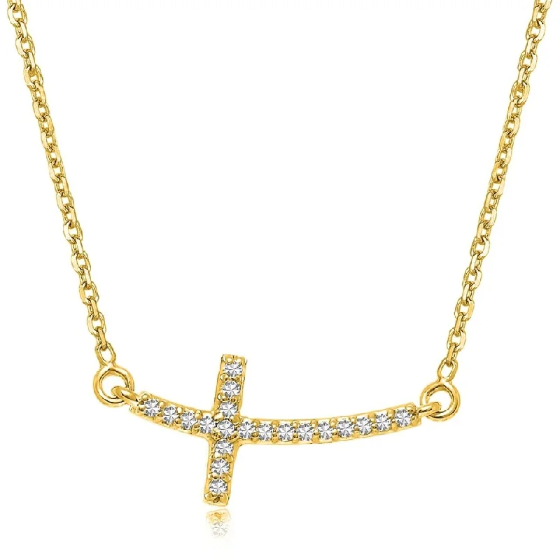 Multi-chain necklaces-14k Yellow Gold Diamond Accented Curved Cross Necklace (.11cttw)