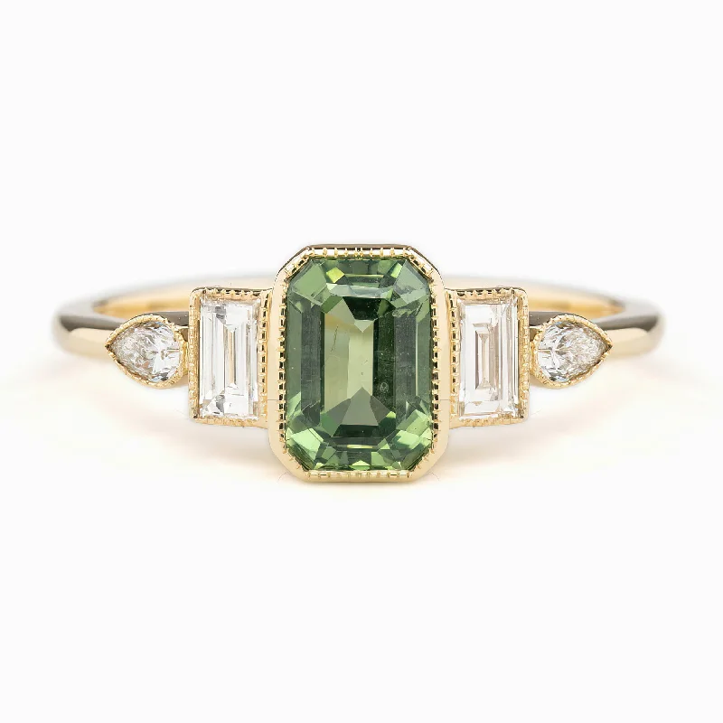 Vintage rose engagement rings-Edith Ring 1.43/1.39ct Light Green Madagascar Sapphire, 14K Yellow Gold (One of a kind)