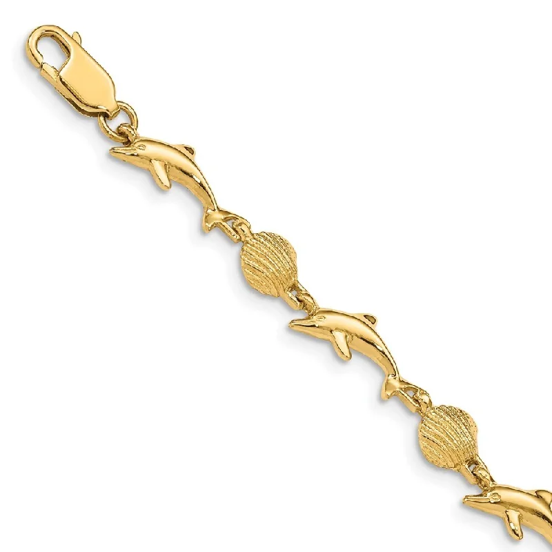 Woven tribal bangles-14k Yellow Gold 8mm Dolphin and Shell Bracelet, 7"