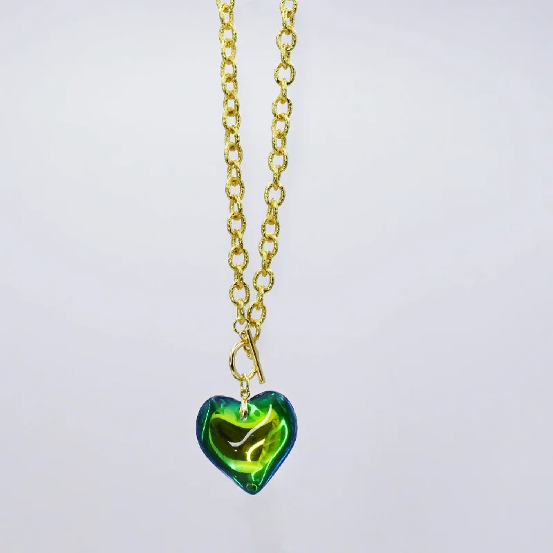 Fine bead necklaces-Blue/Green Enchanted Heart Necklace C-27