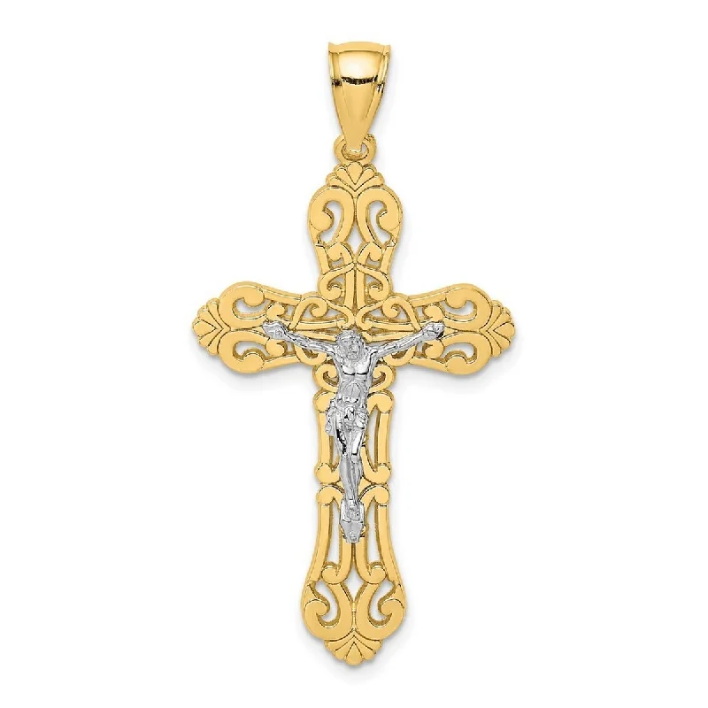 Polished bead necklaces-Curata 14k Two tone Gold Large Scrolled Filigree Crucifix Cross Necklace 23mm x 43mm