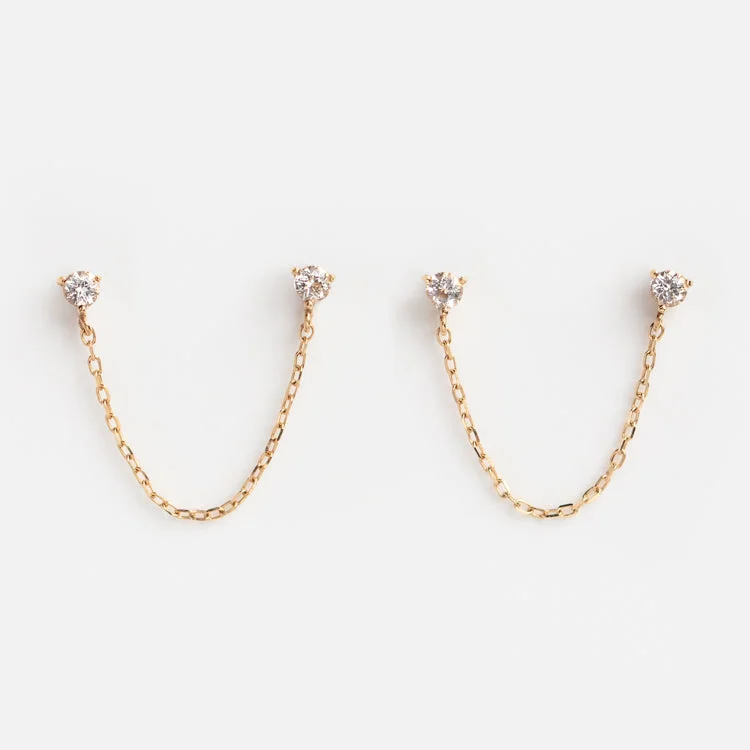 Bold cuff earrings-Solid Gold Double Piercing Chain Earrings