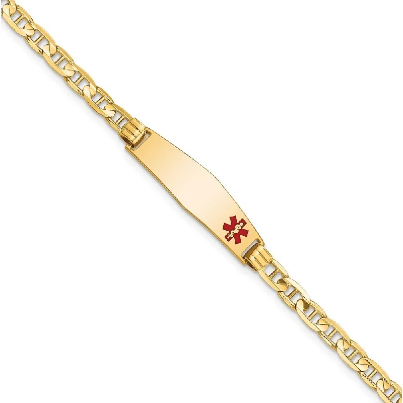 Rustic lock bangles-14k Yellow Gold 7.5mm Medical Soft Diamond Shape Red Enamel Anchor Link ID Bracelet, 7"