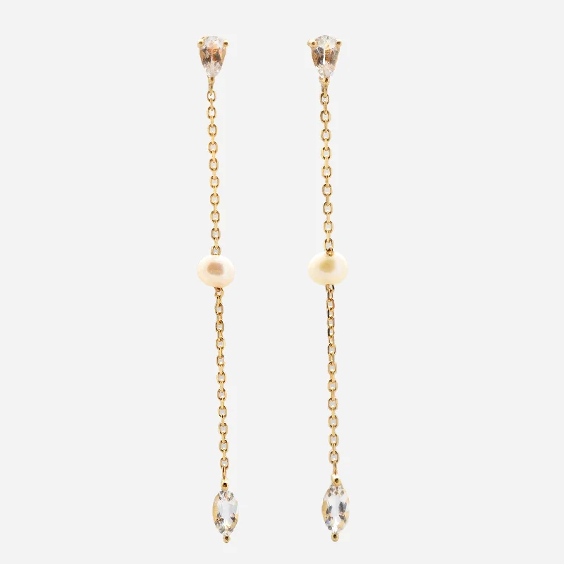 Crystal-twisted earrings-Solid Gold Pearl and White Topaz Drop Earrings