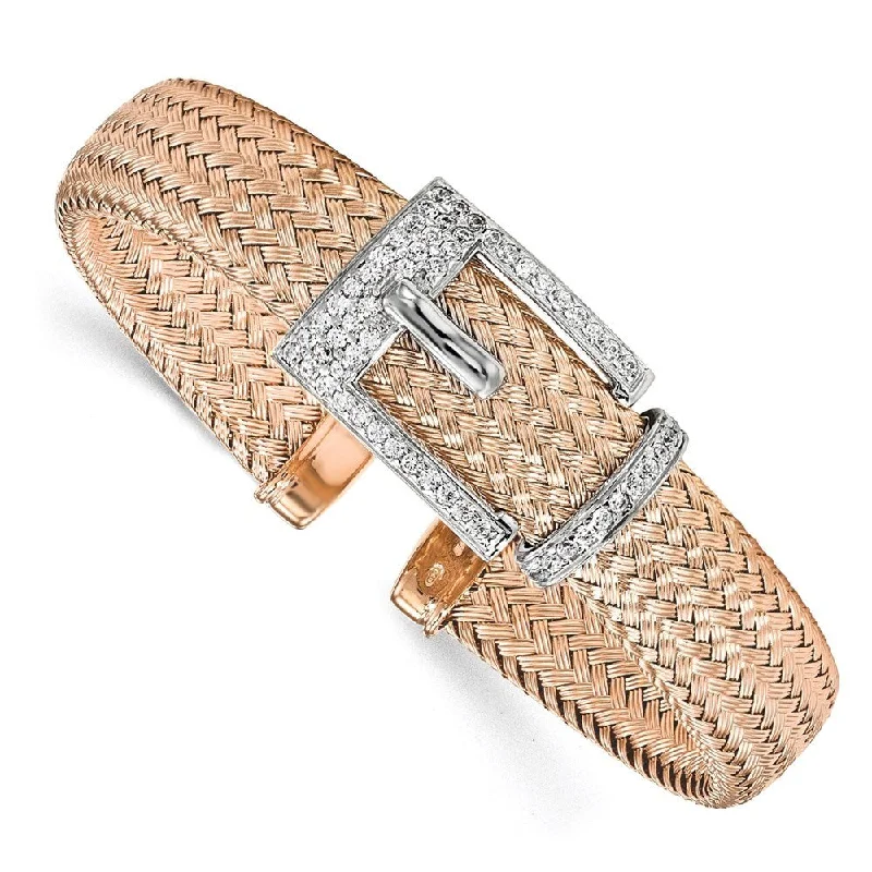 Playful bangles-925 Sterling Silver Rose Gold-plated 12.5mm Cubic Zirconia Woven Cuff Bangle Bracelet, 6.75"