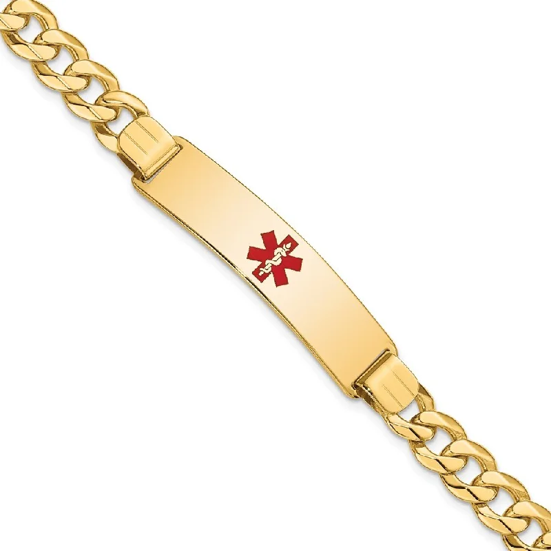 Reef knot bangles-14k Yellow Gold 10.5mm Medical Red Enamel Flat Curb Link ID Bracelet, 8"