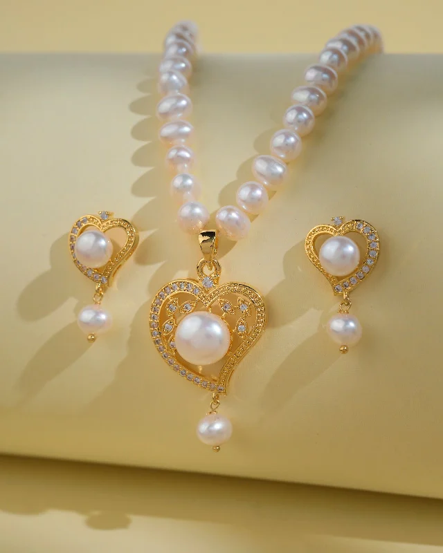 Cotton braid necklaces-Heart Pearl Necklace Sets