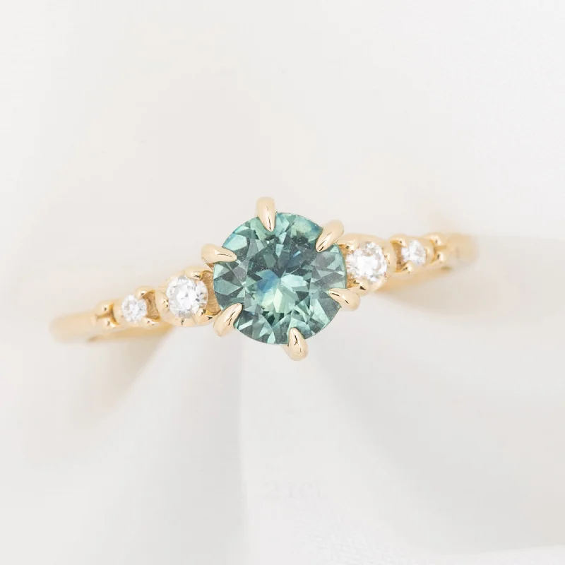 Surf theme engagement rings-Estel Fleur Six Prongs Ring 1.21ct Light Blue Green Round Montana Sapphire, 14K Yellow Gold (One of a kind)