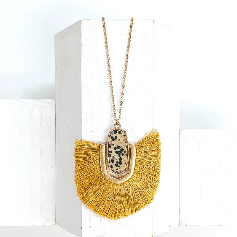 Wave drop earrings-Long Gold Chain Necklace with a Semi Precious Oval Pendant and Fringe in Mustard