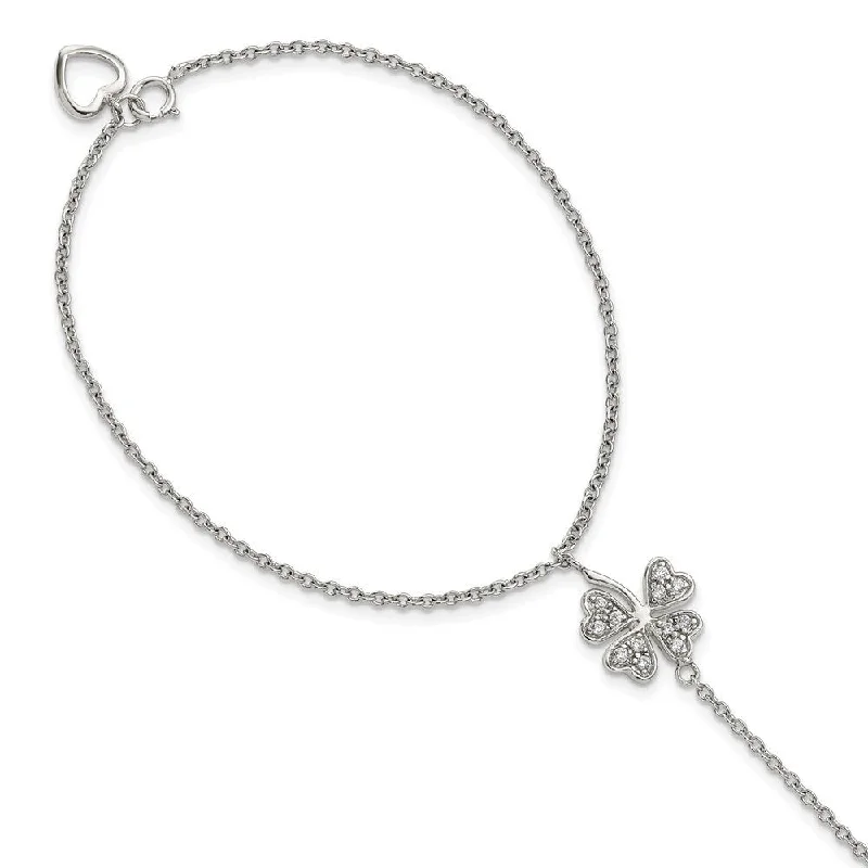 Tide shape bangles-925 Sterling Silver Rhodium-plated Cubic Zirconia Four Leaf Clover Attached Ring/Bracelet, 7"