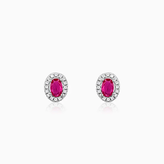 Ruby stud earrings-Silver Pink Oval Halo Studs