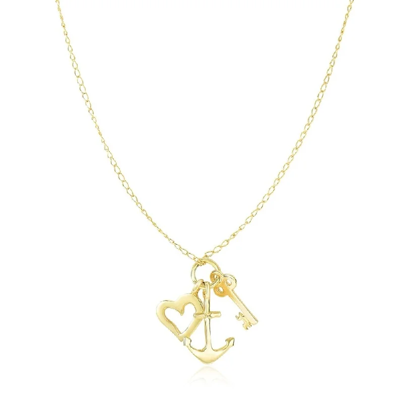 Haze glass necklaces-14k Yellow Gold Anchor Heart and Skeleton Key Cluster Charm Necklace