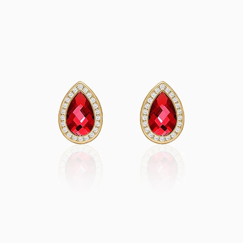 Layered tier earrings-Golden Ruby Red Tear Drop Earrings