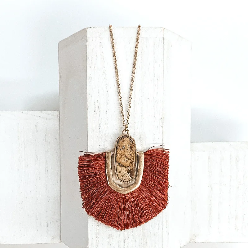 Solid ring earrings-Long Gold Chain Necklace with a Semi Precious Oval Pendant and Fringe in Rust