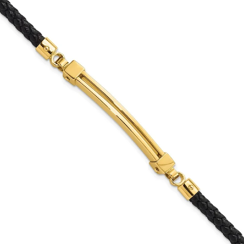 Pure link bangles-14k Yellow Gold Bar Leather Bracelet, 8" (W-3.8mm)