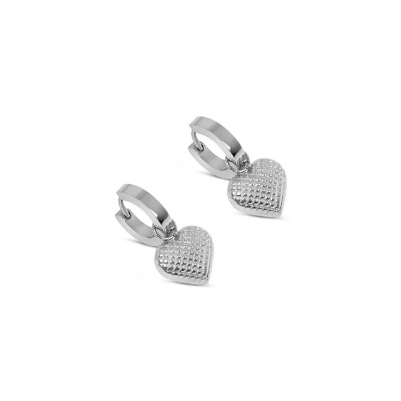 Flat knot earrings-Heart Pendant Huggie Earrings - Silver